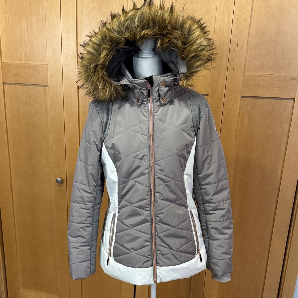 Women's Insulated Ski Jacket with Faux Fur Hood - Gray and White